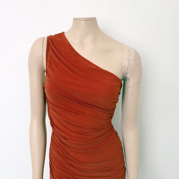 [PrettyGarden] Rust Red Ruched One Shoulder Mesh Bodycon Dress NWT Size Large L - Picture 4 of 12